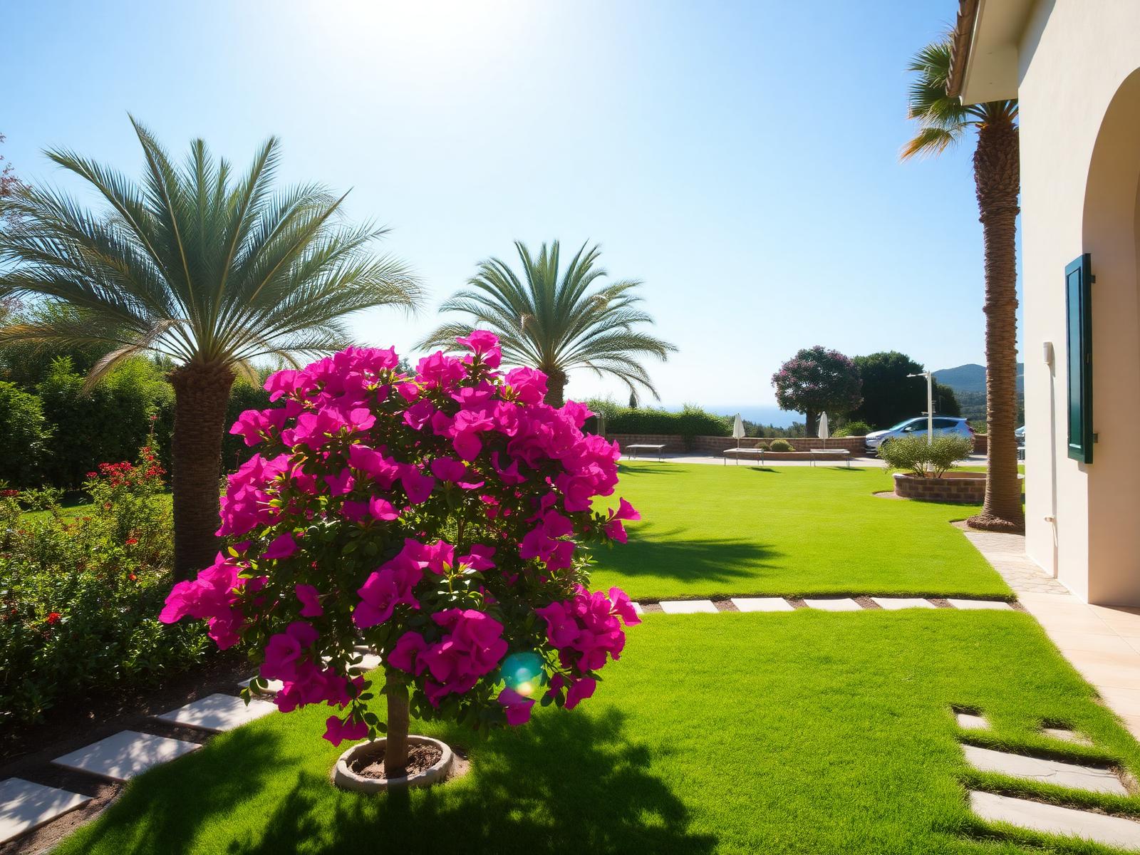 Manicured villa garden with bougainvillea